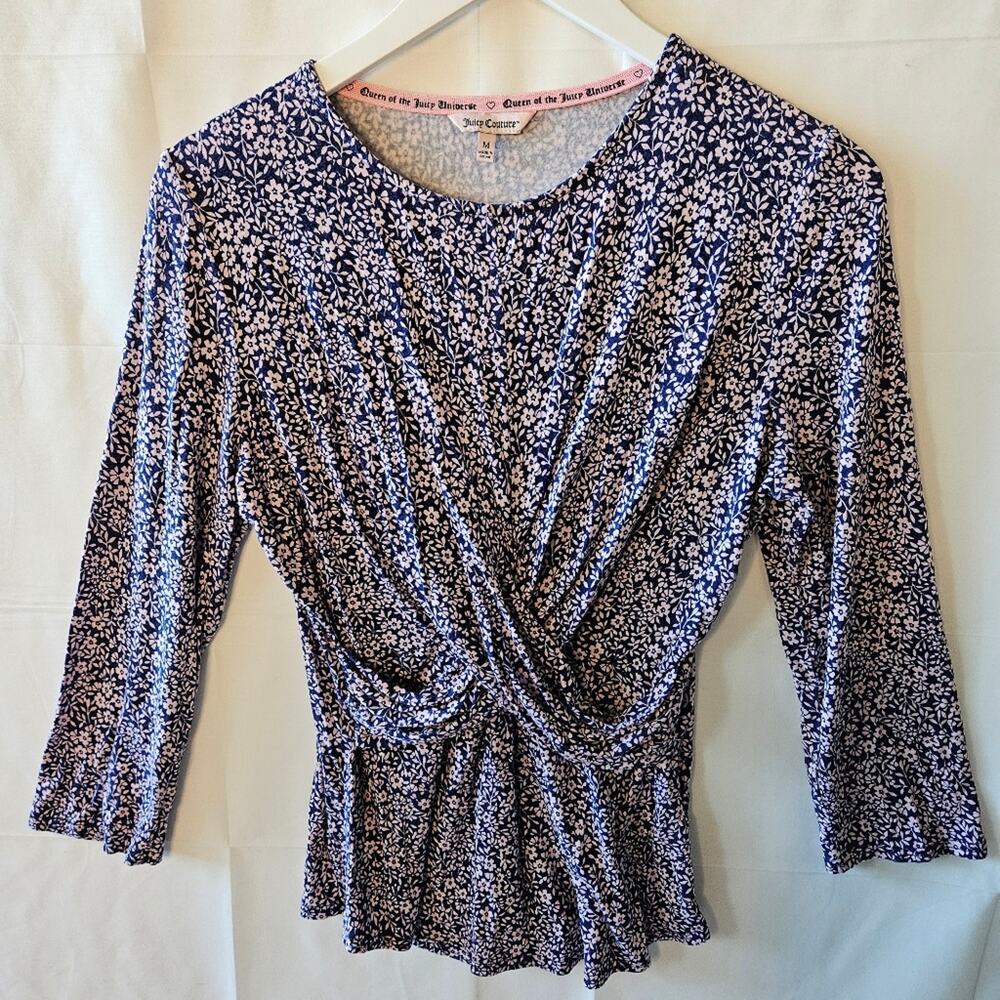 Juicy Couture Cross Drape Floral Jersey Knit 3/4 Sleeve Blouse Medium